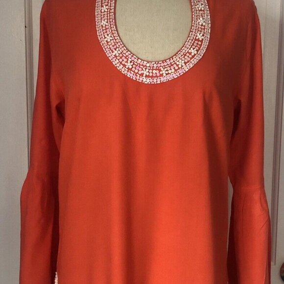 Escapada Fire Orange Beaded Tunic Top Shirt Blouse Womens S Small - Picture 2 of 8